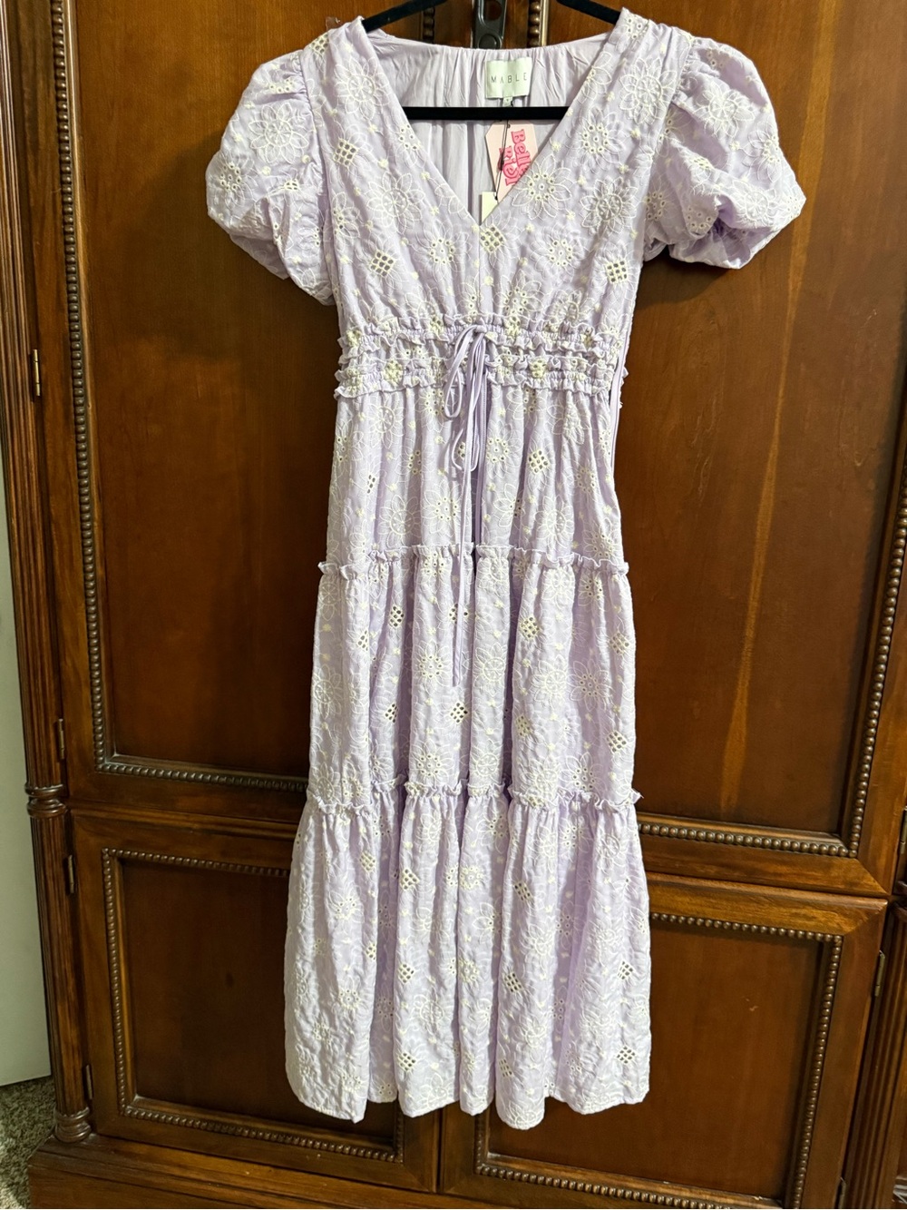MARBLE Lilac Eyelet Maxi Dress with Puff Sleeves and Smocked Waist